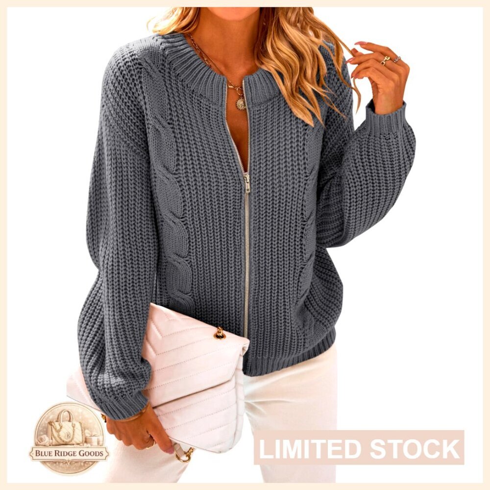 Chunky Knit Open Front Zipper Cardigan Sweater Long Sleeve Loose